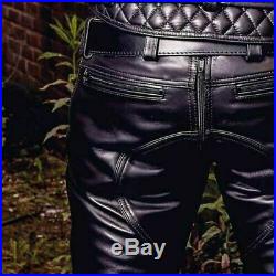 Men's Real Cowhide Leather Double Zipped Bikers Style Gay Interest BLUF Pants