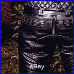 Men's Real Cowhide Leather Double Zips Pants BLUF Pants Bikers Leather Pants