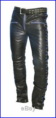 Men's Real Cowhide Leather Laces Up Pants Bikers Contrast Laces Up Pants