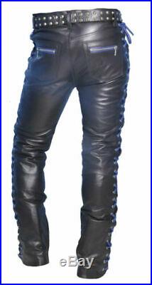 Men's Real Cowhide Leather Laces Up Pants Bikers Contrast Laces Up Pants
