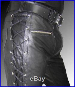 Men's Real Cowhide Leather Laces Up Pants Bikers Pants + FREE LEATHER BELT