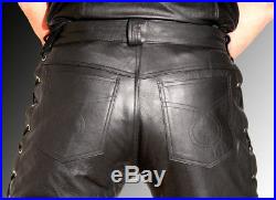 Men's Real Cowhide Leather Laces Up Pants Bikers Pants + FREE LEATHER BELT