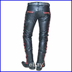 Men's Real Cowhide Leather Laces Up Pants Bikers With Red Trims Laces Up Pants