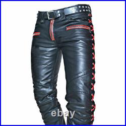 Men's Real Cowhide Leather Laces Up Pants Bikers With Red Trims Laces Up Pants