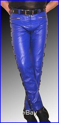 Men's Real Cowhide Leather Laces Up Pants R. Blue Bikers Contrast Laces Up Pants