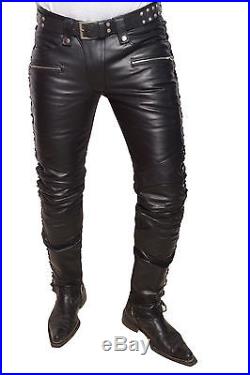 Men's Real Cowhide Leather Laces Up Slim Fit Pants Laces Up Bikers Trousers