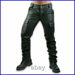 Men's Real Cowhide Leather Pant Cargo Pockets Trousers Pants Jeans Party Wears
