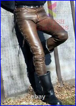 Men's Real Cowhide Leather Pant Jean Side Lacing Braun Cuir Biker Trouser Slim