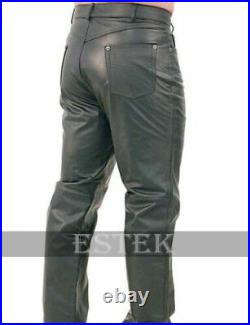 Men's Real Cowhide Leather Pant Slim Fit Luxury Jeans Trousers Breeches Pant