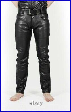 Men's Real Cowhide Leather Pant Slim Fit Luxury Jeans Trousers Breeches Pants