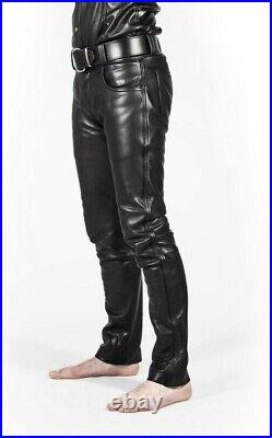 Men's Real Cowhide Leather Pant Slim Fit Luxury Jeans Trousers Breeches Pants