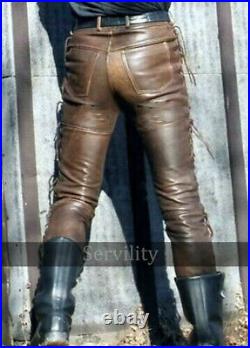 Men's Real Cowhide Leather Pants Brown Wax Vintage Look Leather Laces Up Pants