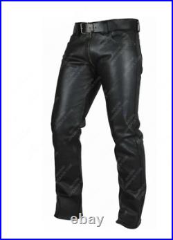 Men's Real Cowhide Leather Pants Double Leather Gay Trousers Zipped