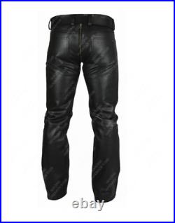 Men's Real Cowhide Leather Pants Double Leather Gay Trousers Zipped