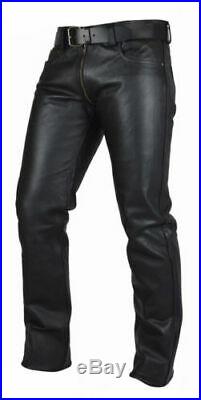 Men's Real Cowhide Leather Pants Double Zipped Trouser Jeans Interest BLUF Pants
