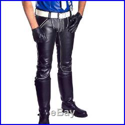 Men's Real Cowhide Leather Pants Double Zipped With Colour Piping Leather Pants