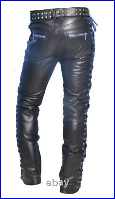 Men's Real Cowhide Leather Pants Punk Kink Jeans Trousers Bluf Pants Bikers Kink