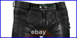 Men's Real Cowhide Leather Quilted Panel Biker Pant Leder Breeches Jeans Trouser