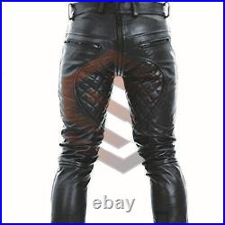 Men's Real Cowhide Leather Quilted Panel Biker Pant Leder Breeches Jeans Trouser