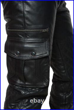 Men's Real Cowhide Leather Quilted Panels Cargo Pants Bikers Cargo Pockets Pants