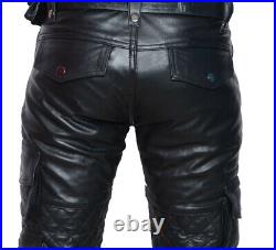 Men's Real Cowhide Leather Quilted Panels Cargo Pants Bikers Cargo Pockets Pants