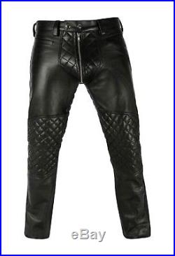 Men's Real Cowhide Leather Quilted Panels Pants With Or Without Back Zip