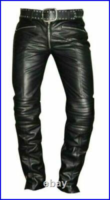 Men's Real Cowhide Leather Quilted Panels Slim Fit Trousers Pants Bikers Jeans