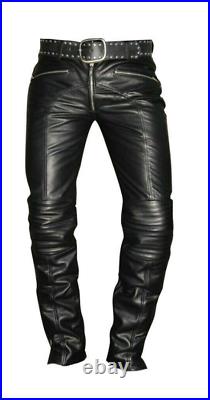 Men's Real Cowhide Leather Quilted Panels Slim Fit Trousers Pants Bikers Jeans