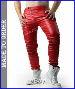 Men's Real Cowhide Leather Red Pants Double Zips Front Slim Fit Leather Pants