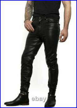 Men's Real Cowhide Leather Slim Fit Bottom Zipper Outrageously Biker Pant