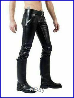 Men's Real Cowhide Leather Stylish Double Zips Gay Interest Bluf Pants ES8014
