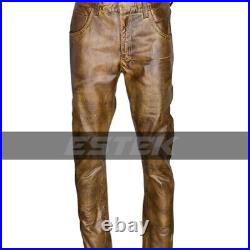 Men's Real Cowhide Leather Vintage Distressed Brown Waxed Biker Pants
