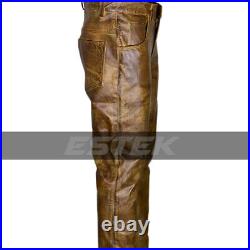 Men's Real Cowhide Leather Vintage Distressed Brown Waxed Biker Pants