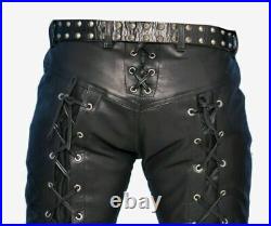 Men's Real Cowhide Waxed Black Leather Pants Side Lacing Jean Trouser Cuir Braun