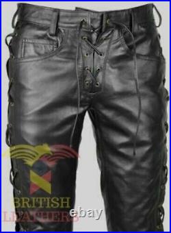 Men's Real Cowhide Waxed Black Leather Pants Side Lacing Jean Trouser Cuir Braun