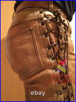 Men's Real Cowhide Waxed Brown Leather Pants Side Lacing Jean Trouser Cuir Biker