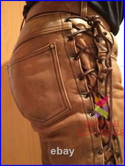 Men's Real Cowhide Waxed Brown Leather Pants Side Lacing Jean Trouser Cuir Braun