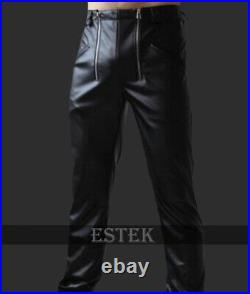 Men's Real High Quality Black Cowhide Leather Stylish Pant Trousers