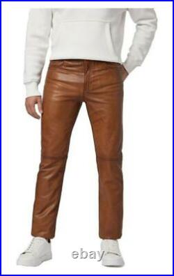 Men's Real Lambskin Brown Leather Stylish Wear Slim Fit Pant Causal Genuine Pant
