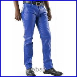 Men's Real Lambskin Leather Bikers 5 Pockets Royal Blue Leather Jeans Style Pant