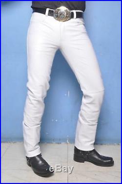 Men's Real Leather 5 Pockets Levi's Style Pants Bikers Five Pockets White Pants