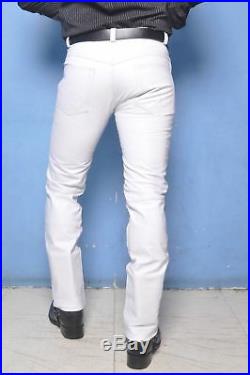 Men's Real Leather 5 Pockets Levi's Style Pants Bikers Five Pockets White Pants