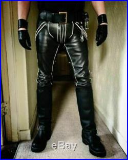 Men's Real Leather Biker Double Zipper Motorcycle Black Gay BLUFF Pants LPL2
