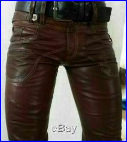 Men's Real Leather Biker Double Zipper Motorcycle Brown Gay BLUFF Pants LPL04