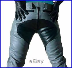 Men's Real Leather Biker Double Zipper Motorcycle Gray Gay BLUFF Pants LPL7