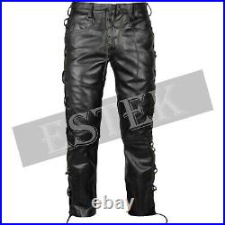 Men's Real Leather Biker Pants Genuine Cowhide Leather Laces Trousers For Men