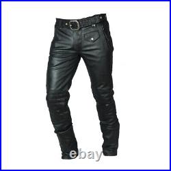 Men's Real Leather Biker Quilted Pants Zipped Pockets Motorcycle Leather Pants