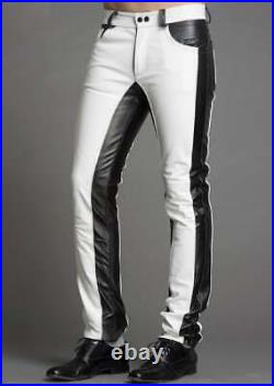 Men's Real Leather Bikers 5 Pockets Jeans Pants White & Black+ FREE LEATHER BELT