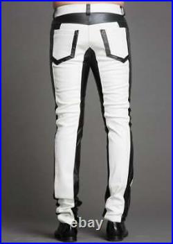 Men's Real Leather Bikers 5 Pockets Jeans Pants White & Black+ FREE LEATHER BELT