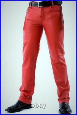 Men's Real Leather Bikers 5 Pockets Pants Red Leather Bikers Pants